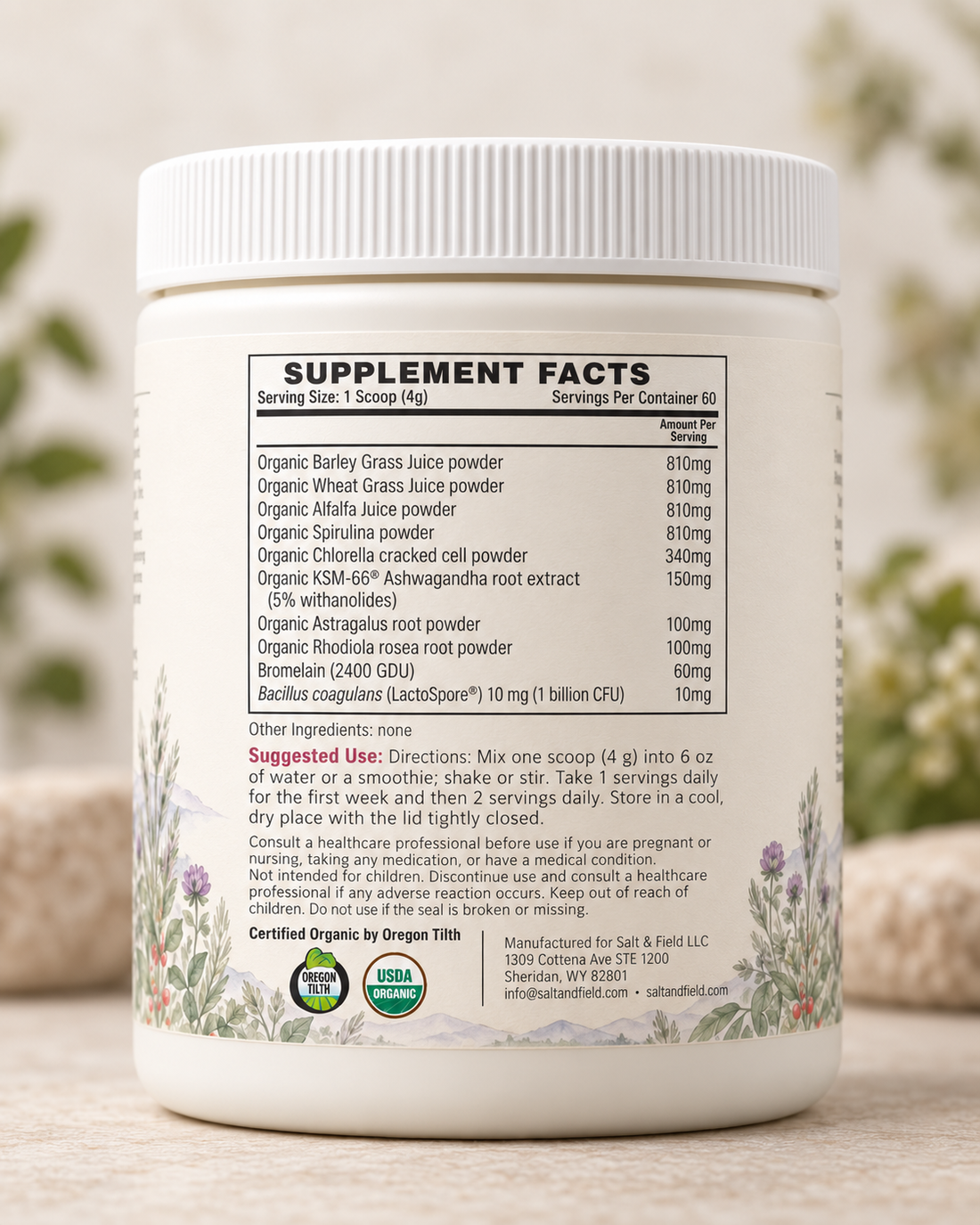 The back of the jar, with the Supplement Facts panel printed on it
